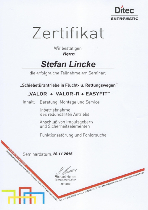Zertifikat HEKATRON Feststellanlagen Stefan Lincke